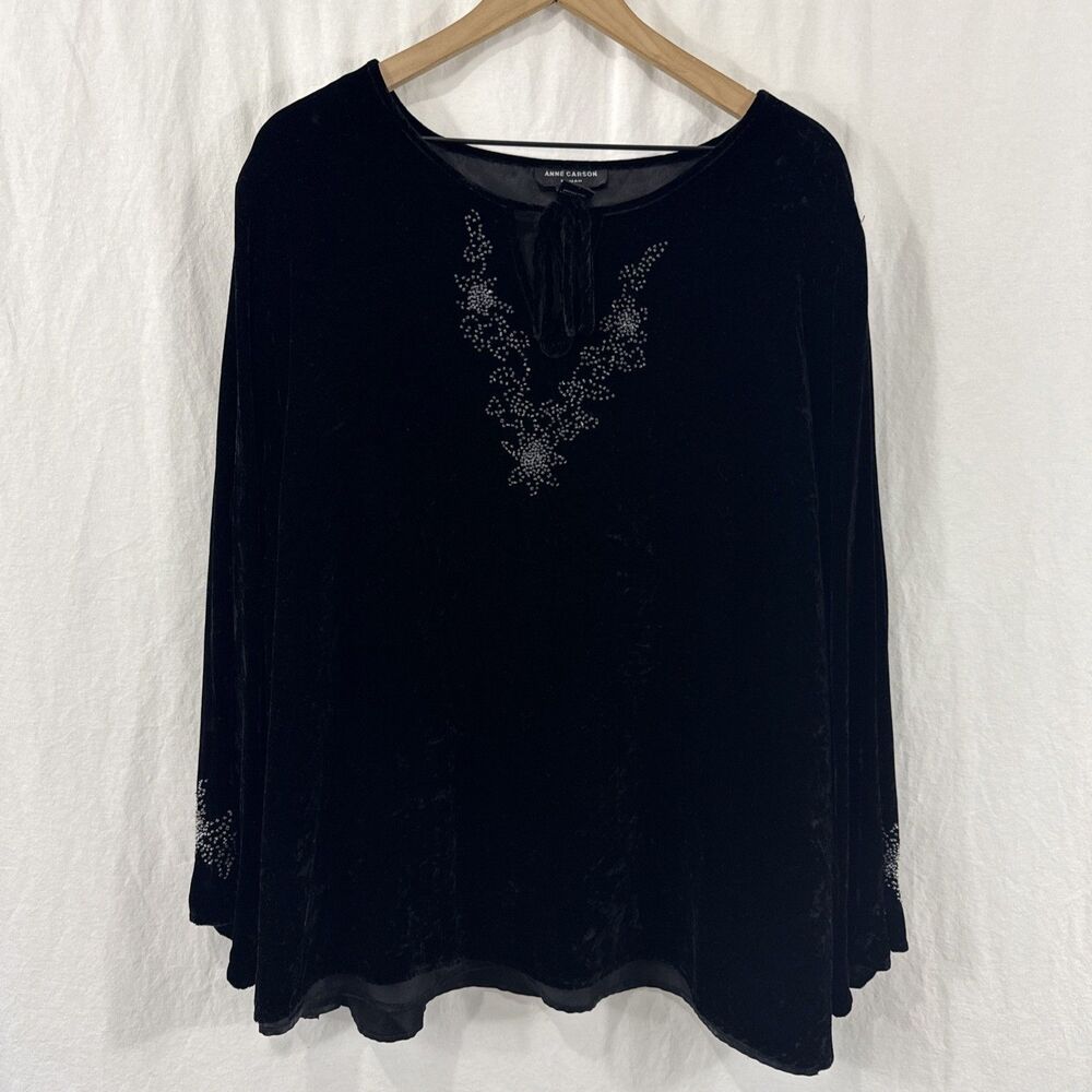 Anne Carson Black Velvet Beaded Silk Blend Top Womens Sz 3X Dark Romantic Glam